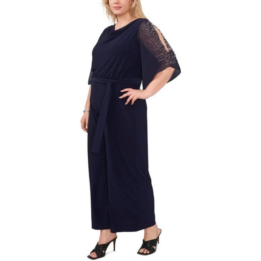 MSK Navy Blue Jumpsuit 3X Plus Embellished Split Sleeve Belted Wide Leg Formal